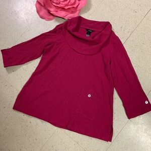 ALI‎ MILES Sz Med Magenta 3/4 Sleeves Tunic Top Button Accent Pocket Lagenlook